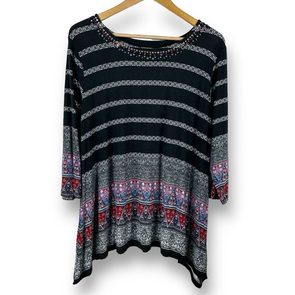Ruby Rd Womens Size L Bohemian Tunic Top Jewel Embellished Hem Black Red Relaxed